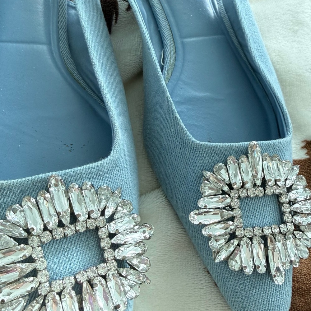 Zara Light Blue Crystal-Embellished Pointed Flats